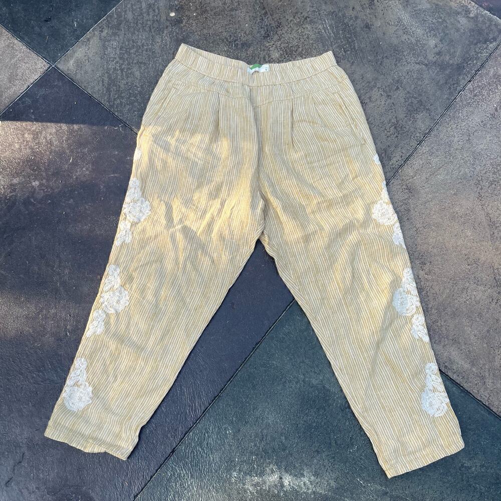Anthropologie Womens M 100% Linen Pants Yellow Strips Embroidery Boho Preppy